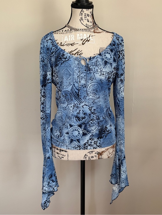 Traffic Tops - Y2K fairycore blue long sleeve top with adjustable neck tie | whimsigoth top